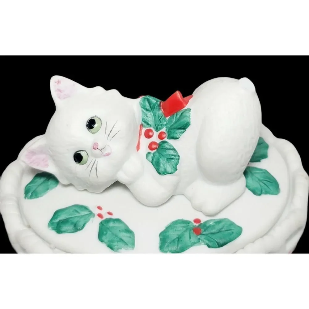 VTG Lefton Porcelain Christmas Kitty Trinket‎ Dish Bowl Holly Ribbon 1987 READ